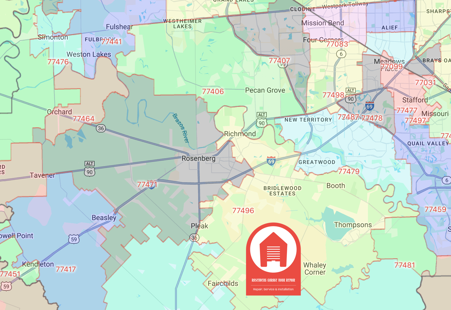 Rosenberg-Texas-Near-By-Cities-Map
